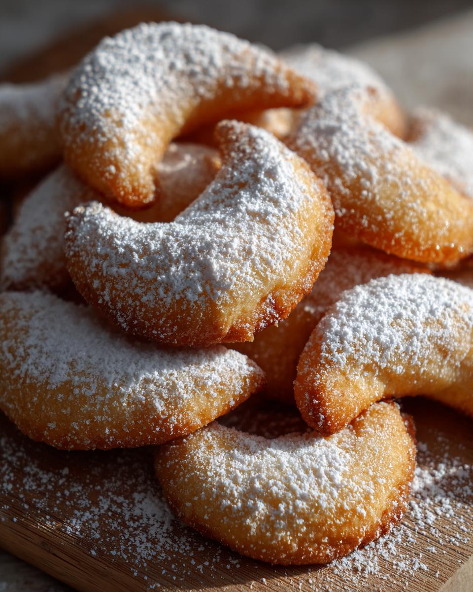 A pile of Klassische Vanillekipferl cookies dusted with powdered sugar on a wooden board.