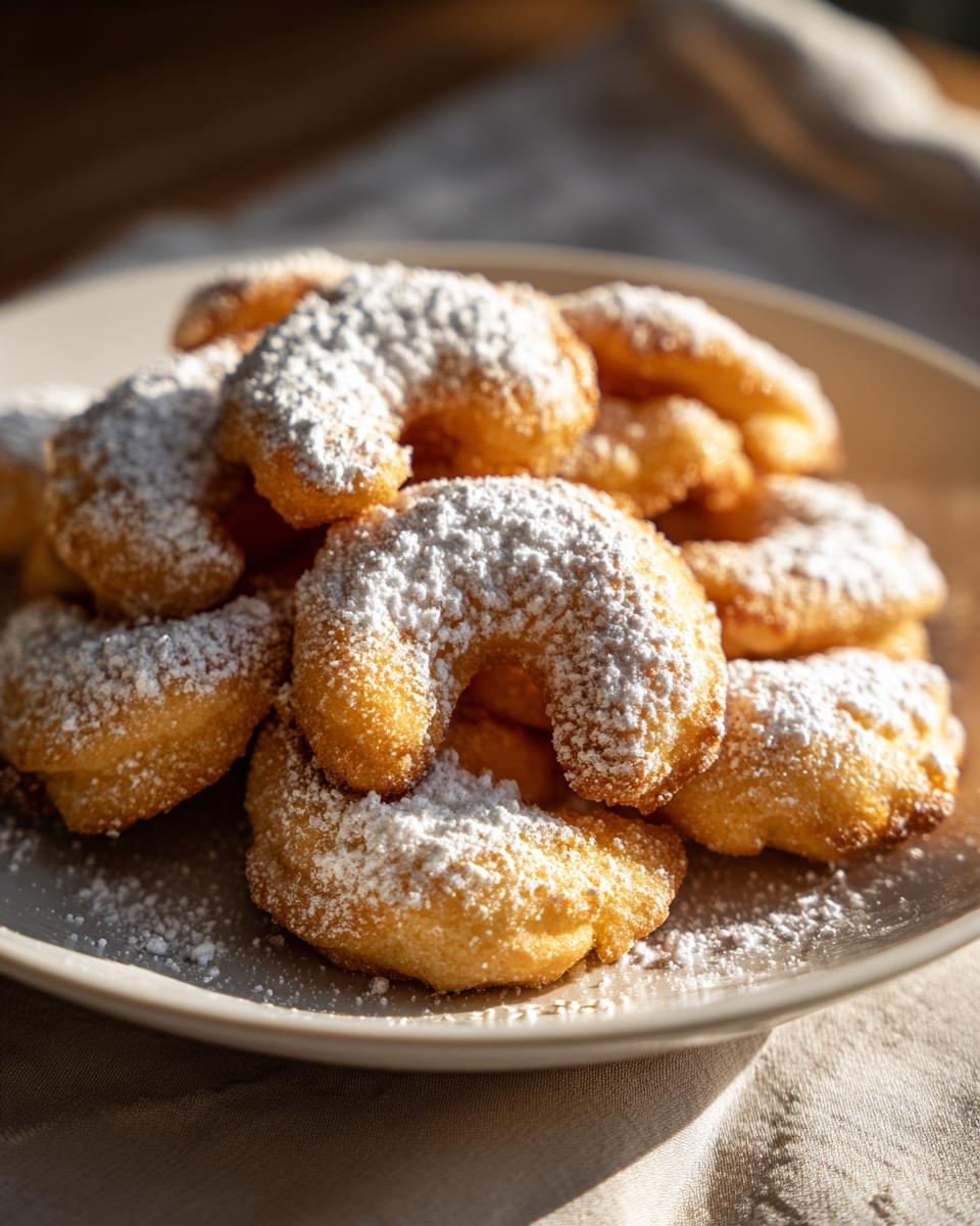 A plate of Klassische Vanillekipferl cookies, dusted with powdered sugar, ready to enjoy.