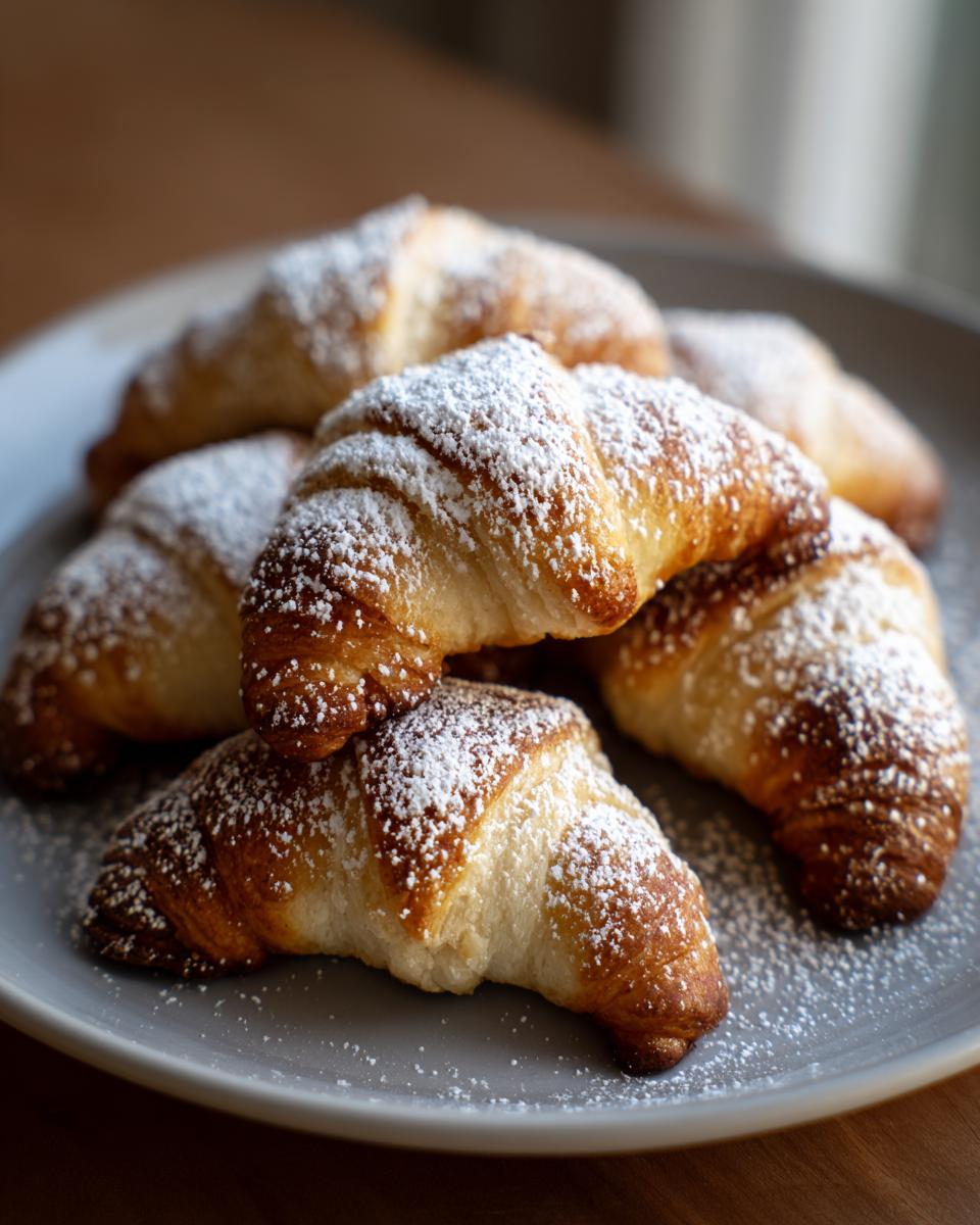 A plate of freshly baked Klassische Vanillekipferl, dusted with powdered sugar.