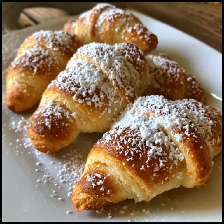 A plate of golden Klassische Vanillekipferl cookies generously dusted with powdered sugar.