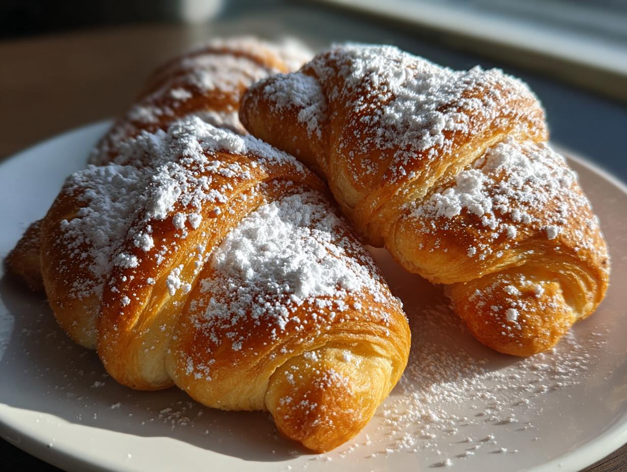 Three Klassische Vanillekipferl cookies dusted with powdered sugar on a white plate.