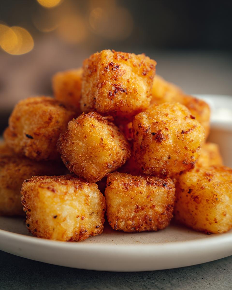 Close-up of Knusprige Heißluftfritteusen-Kartoffeln (crispy air fryer potatoes) stacked on a plate.