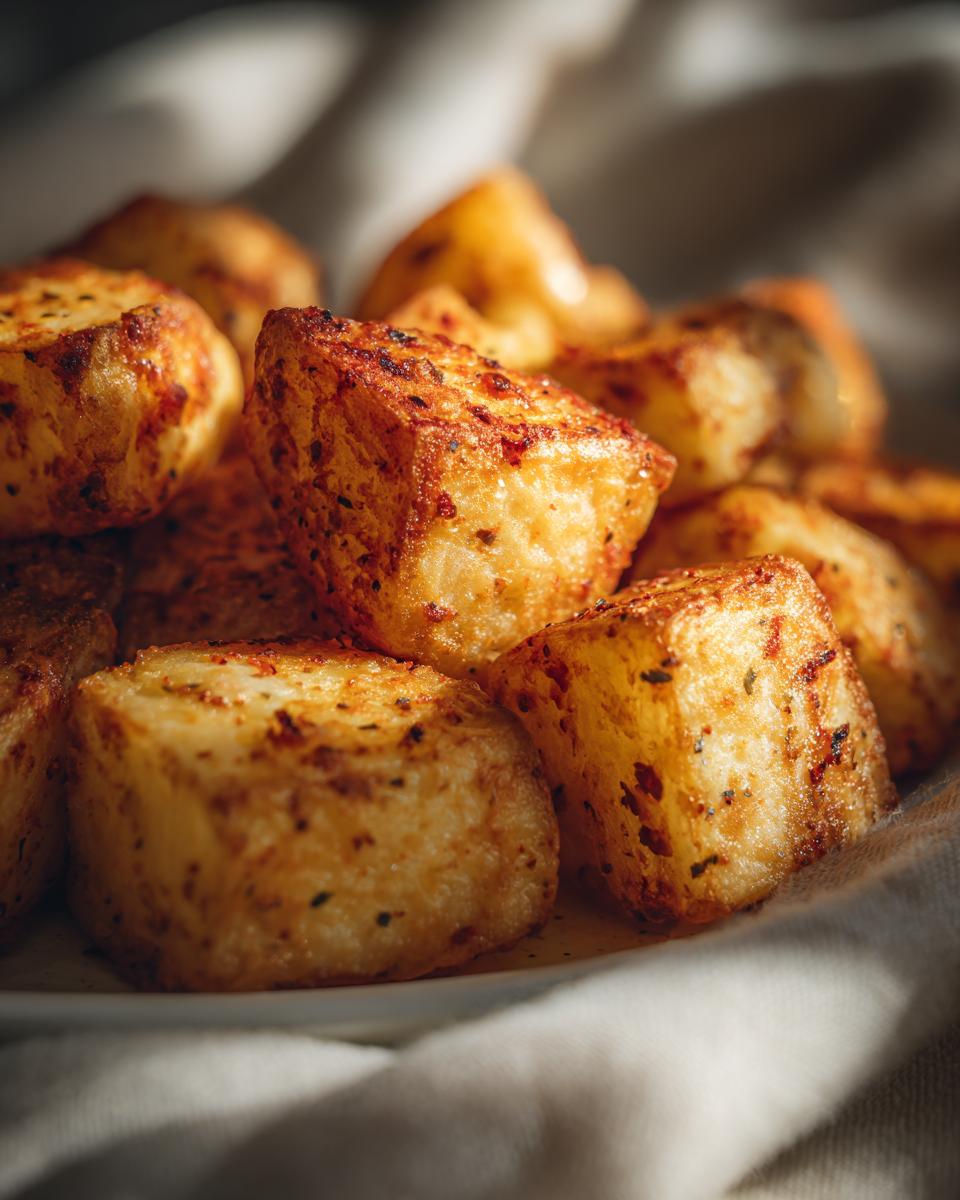 Close-up of Knusprige Heißluftfritteusen-Kartoffeln, golden brown and seasoned, piled on a plate.