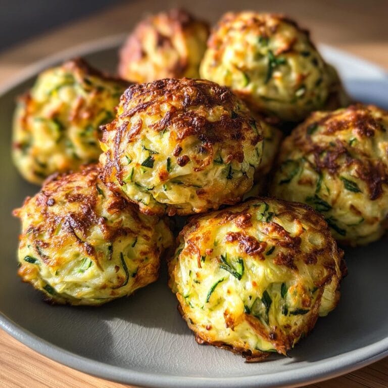 Nahaufnahme von Knusprige Zucchini-Feta-Bällchen auf einem grauen Teller, bereit zum Servieren.