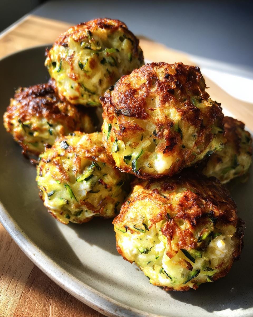 Close-up of Knusprige Zucchini-Feta-Bällchen (crispy zucchini feta balls) stacked on a plate.