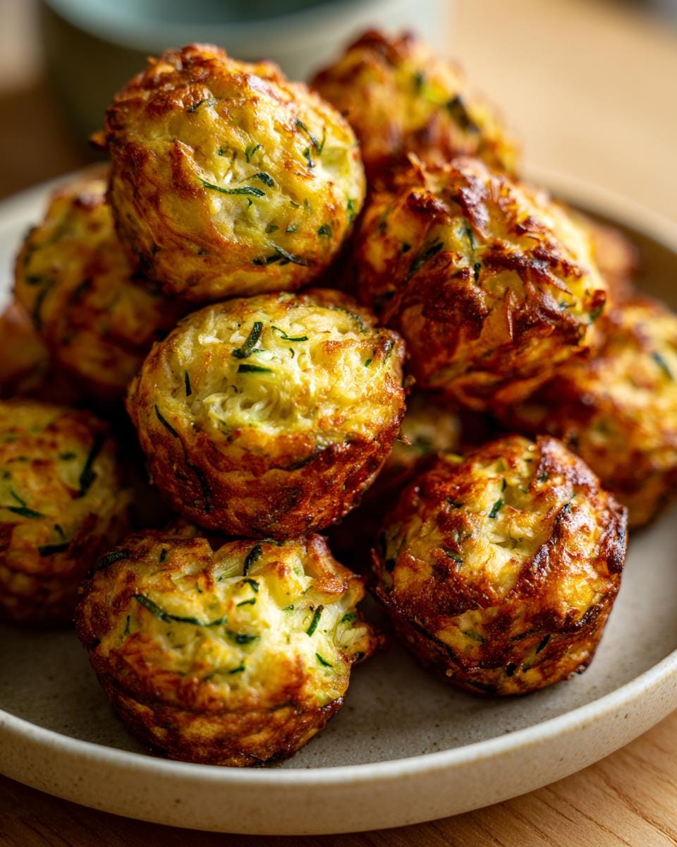 Nahaufnahme von einem Teller mit knusprigen Zucchini-Feta-Bällchen, die appetitlich gestapelt sind.