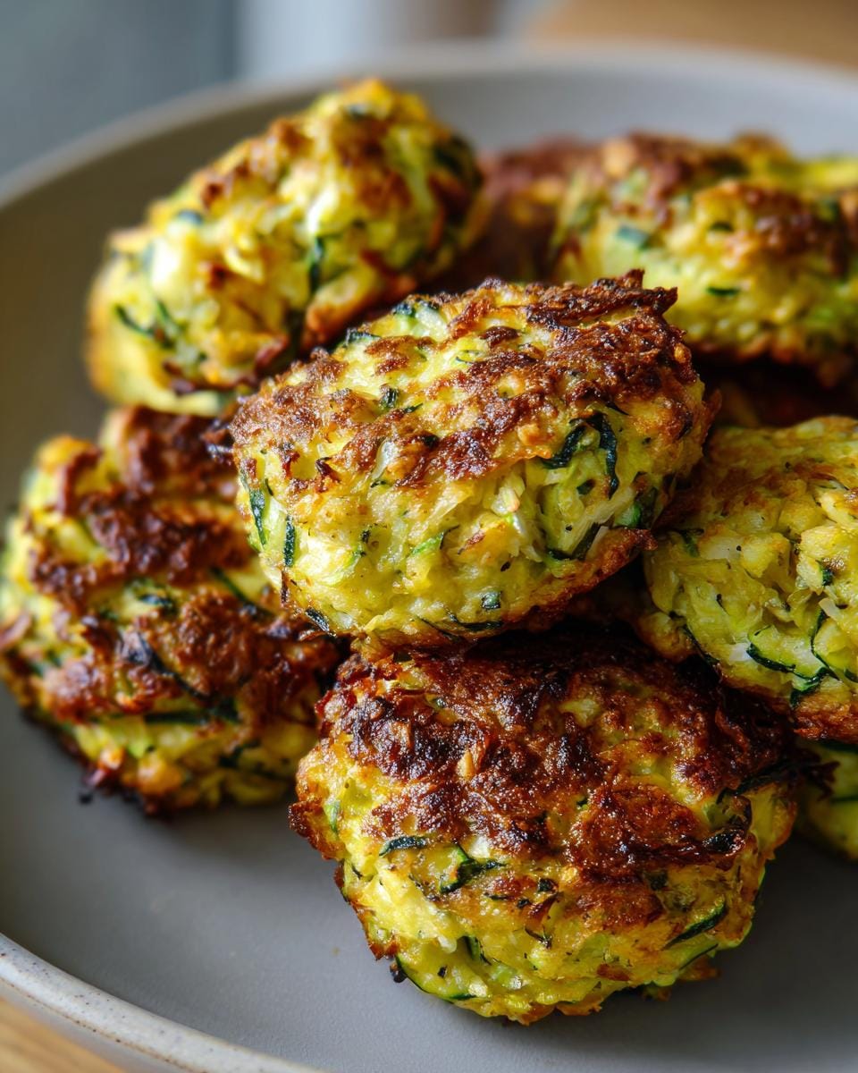 Nahaufnahme von knusprigen Zucchini-Feta-Bällchen, gestapelt auf einem grauen Teller.