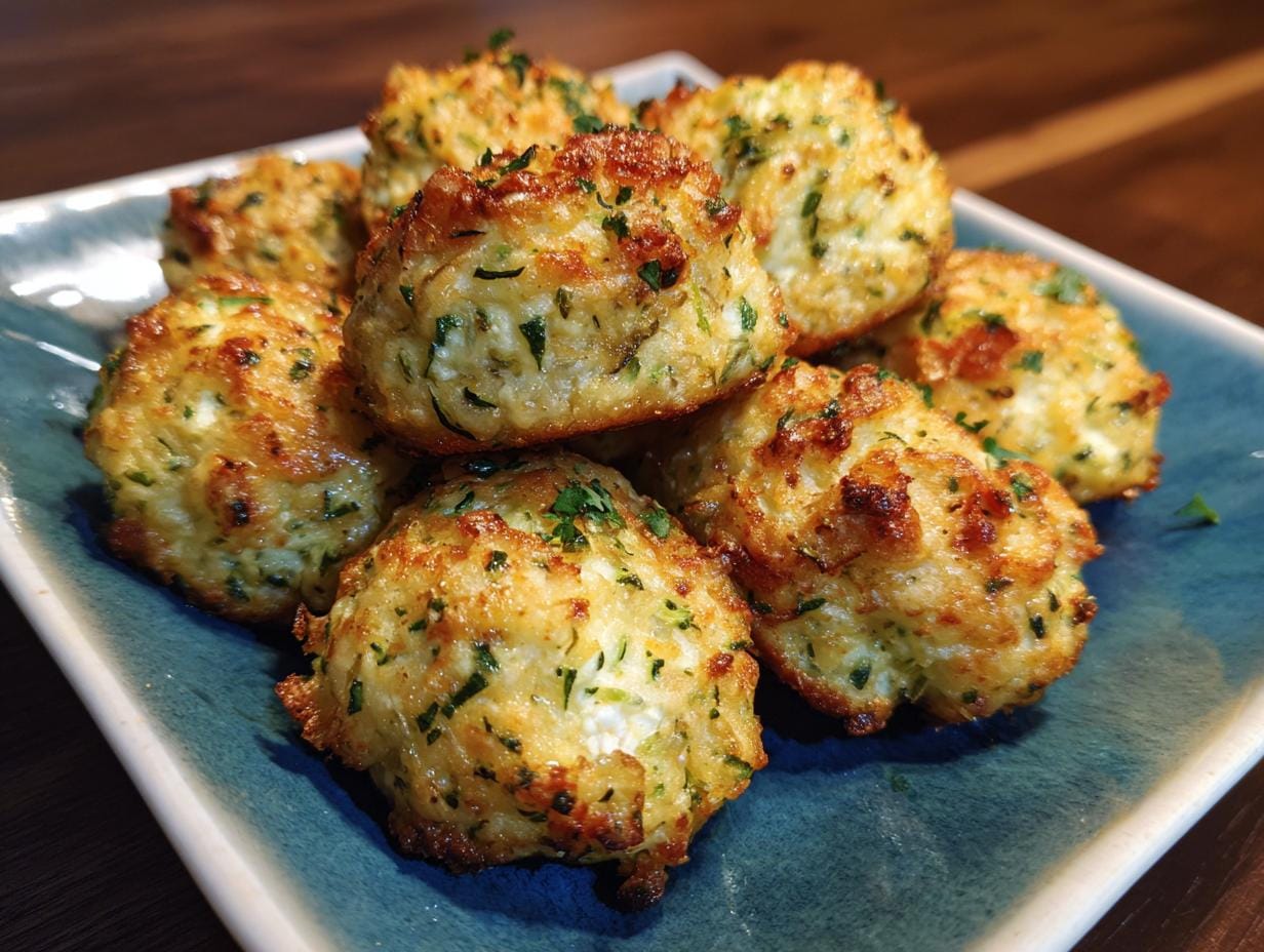 Nahaufnahme von knusprige Zucchini-Feta-Bällchen auf einem blauen Teller, garniert mit frischen Kräutern.