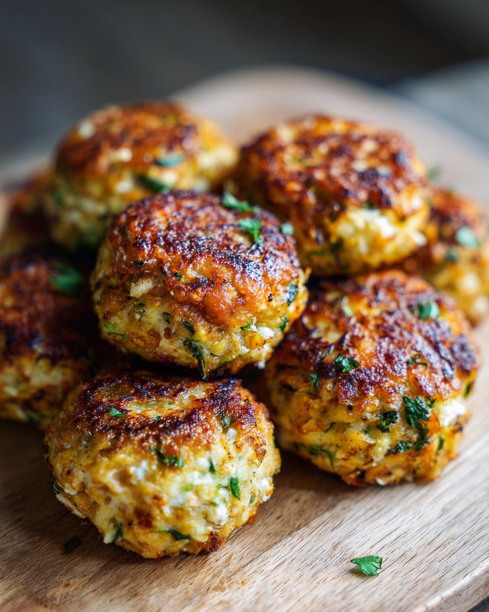 Nahaufnahme von knusprige Zucchini-Feta-Bällchen, gestapelt auf einem Holzbrett mit frischen Kräutern.
