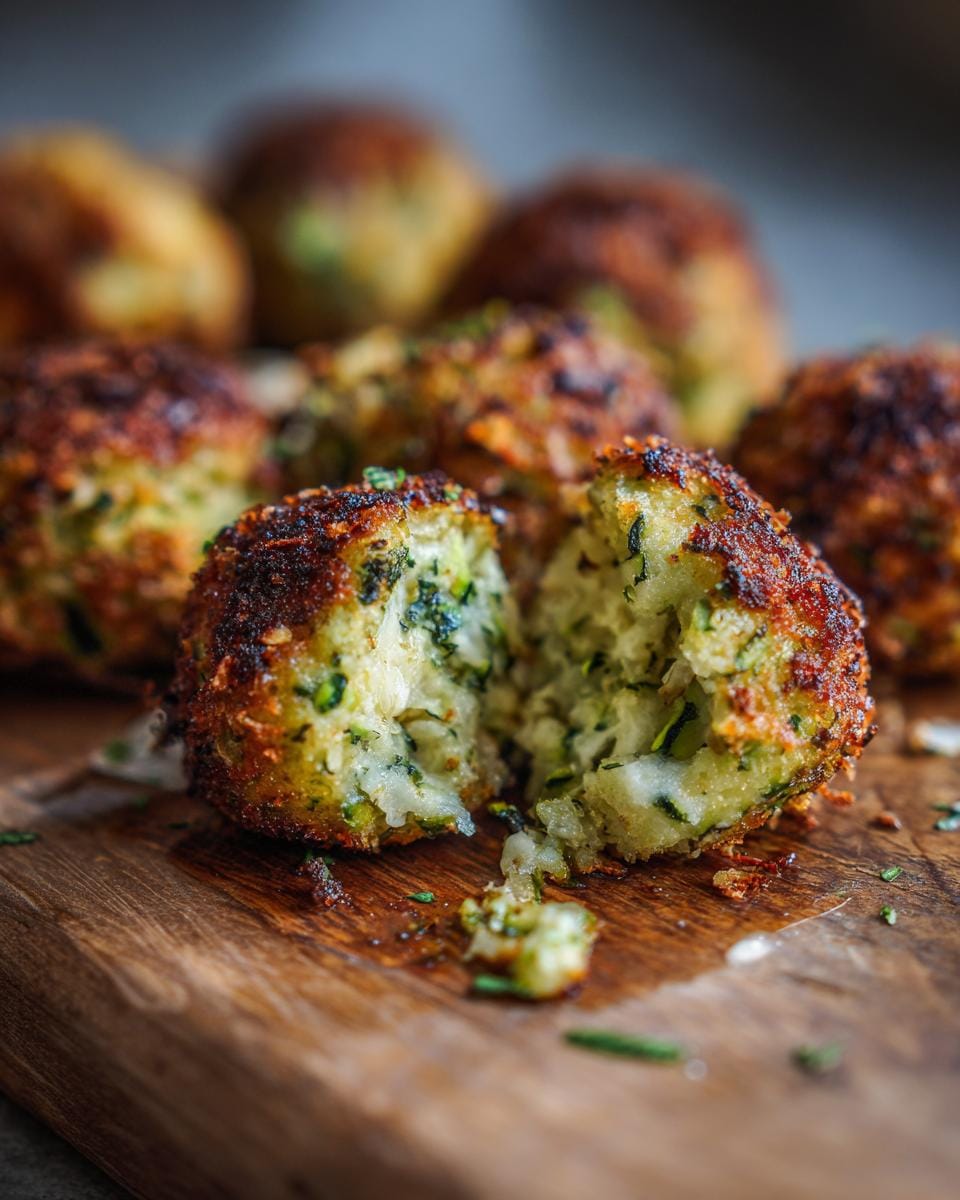 Close-up of Knusprige Zucchini-Feta-Bällchen, one broken open to show the zucchini and feta filling.