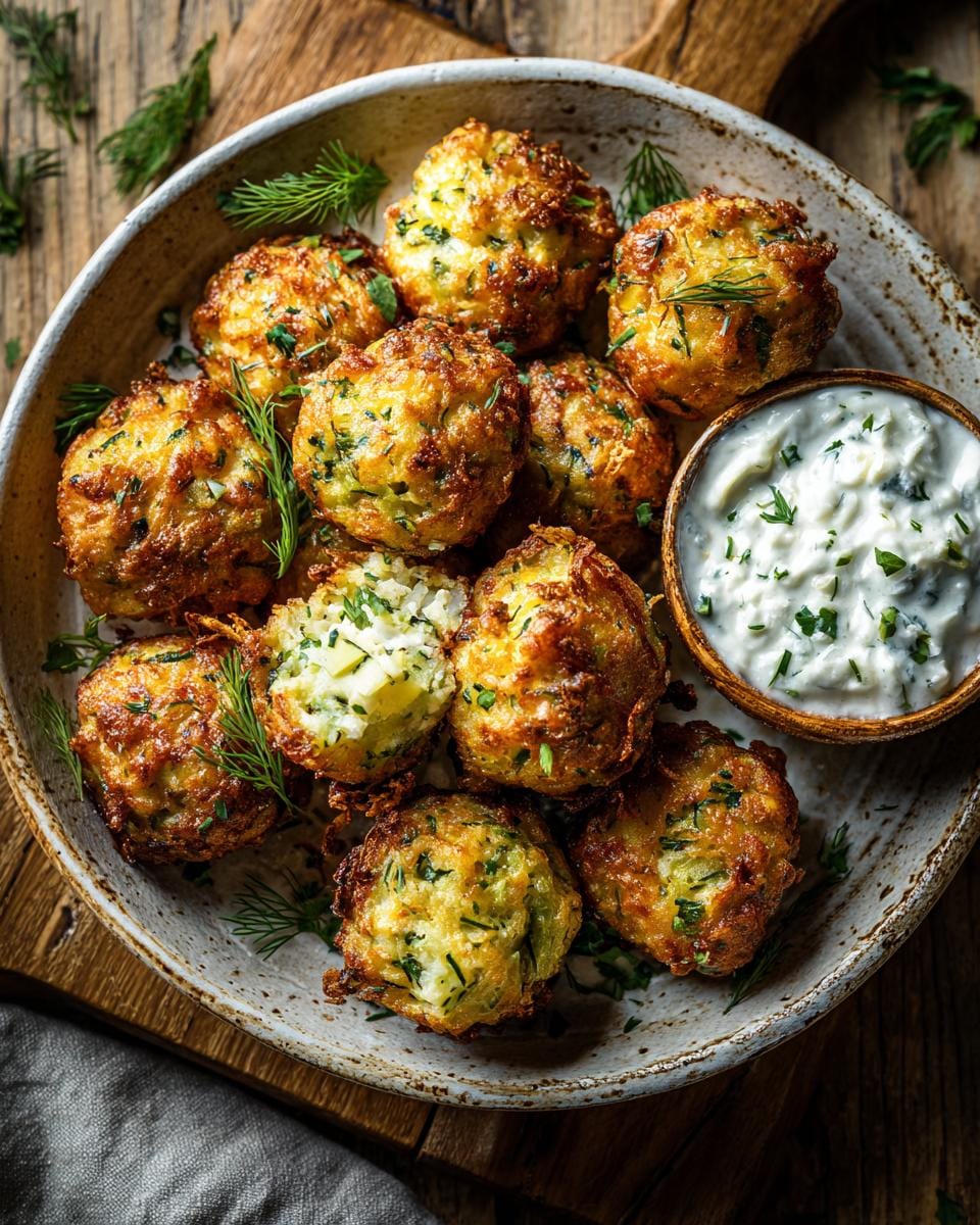 Close-up of Knusprige Zucchini-Feta-Bällchen served with a creamy dip, garnished with dill on a rustic plate.