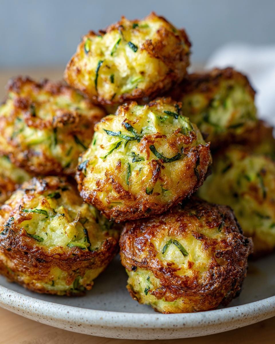 Ein Stapel knuspriger Zucchini-Feta-Bällchen auf einem Teller, nah aufgenommen.