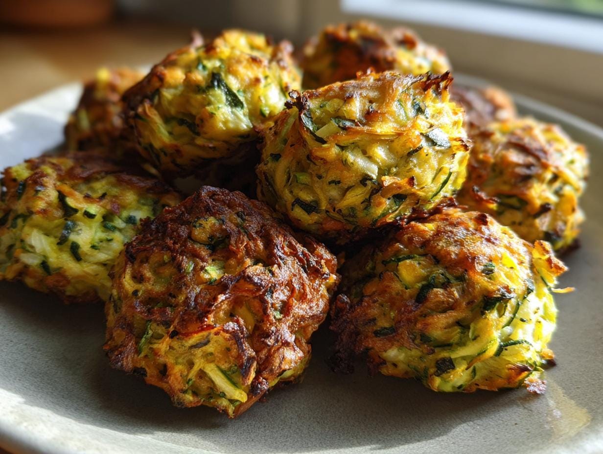 Close-up of Knusprige Zucchini-Feta-Bällchen, golden and crispy on a plate.