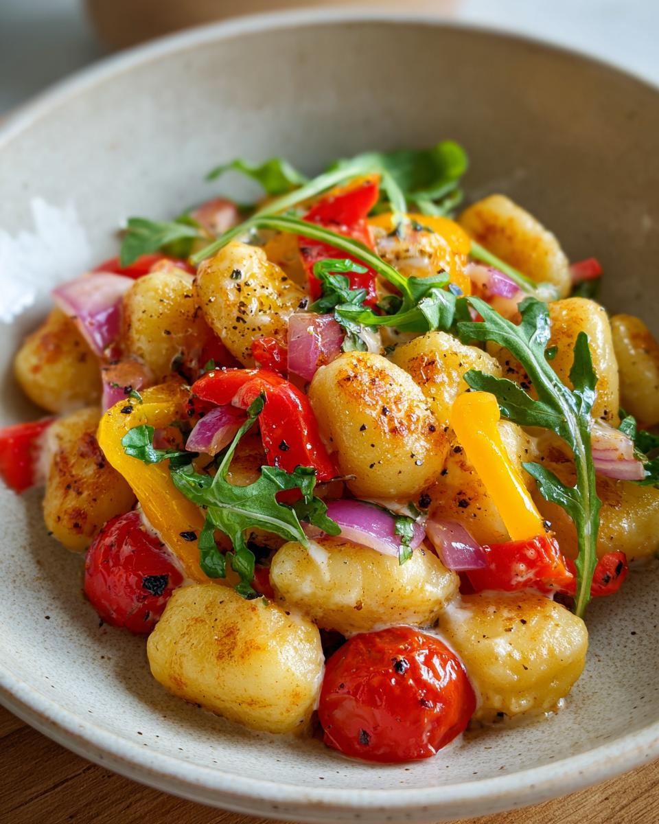 Close-up of Knuspriger Gnocchi-Salat mit Joghurt-Dressing with tomatoes, peppers, onions, and arugula.