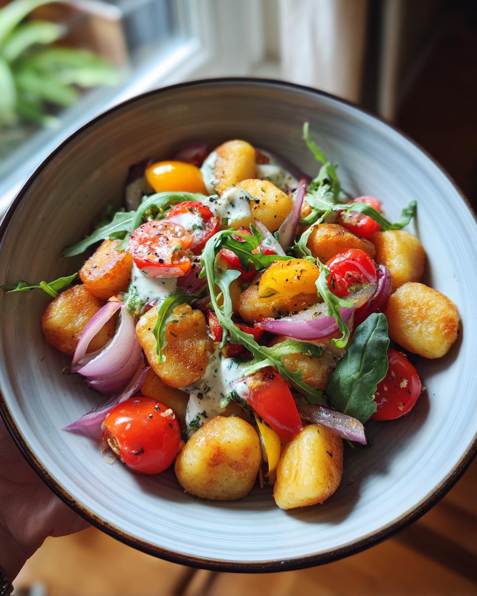 Close-up of Knuspriger Gnocchi-Salat mit Joghurt-Dressing in a bowl, featuring gnocchi, tomatoes, onions, and arugula.