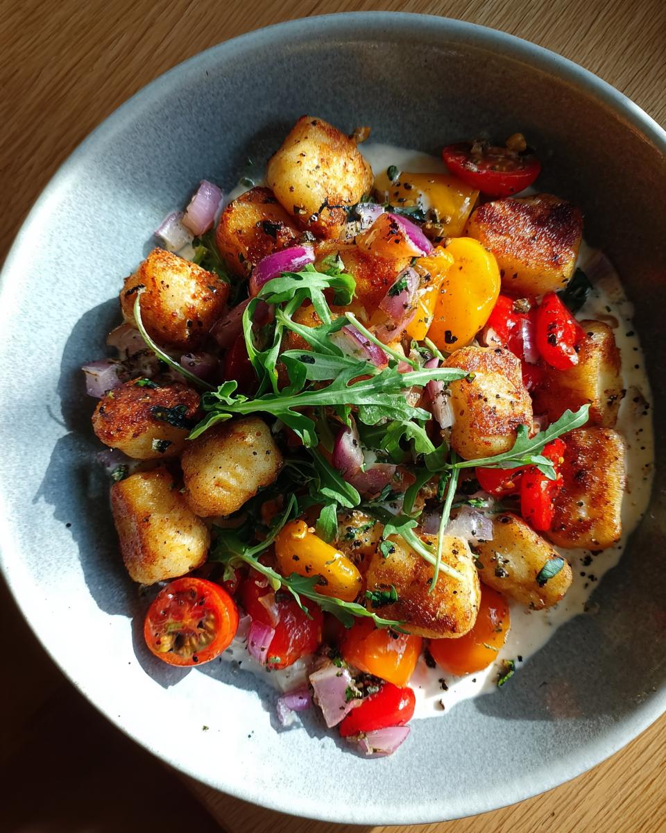Close-up of Knuspriger Gnocchi-Salat mit Joghurt-Dressing, featuring crispy gnocchi, tomatoes, red onion, and arugula.