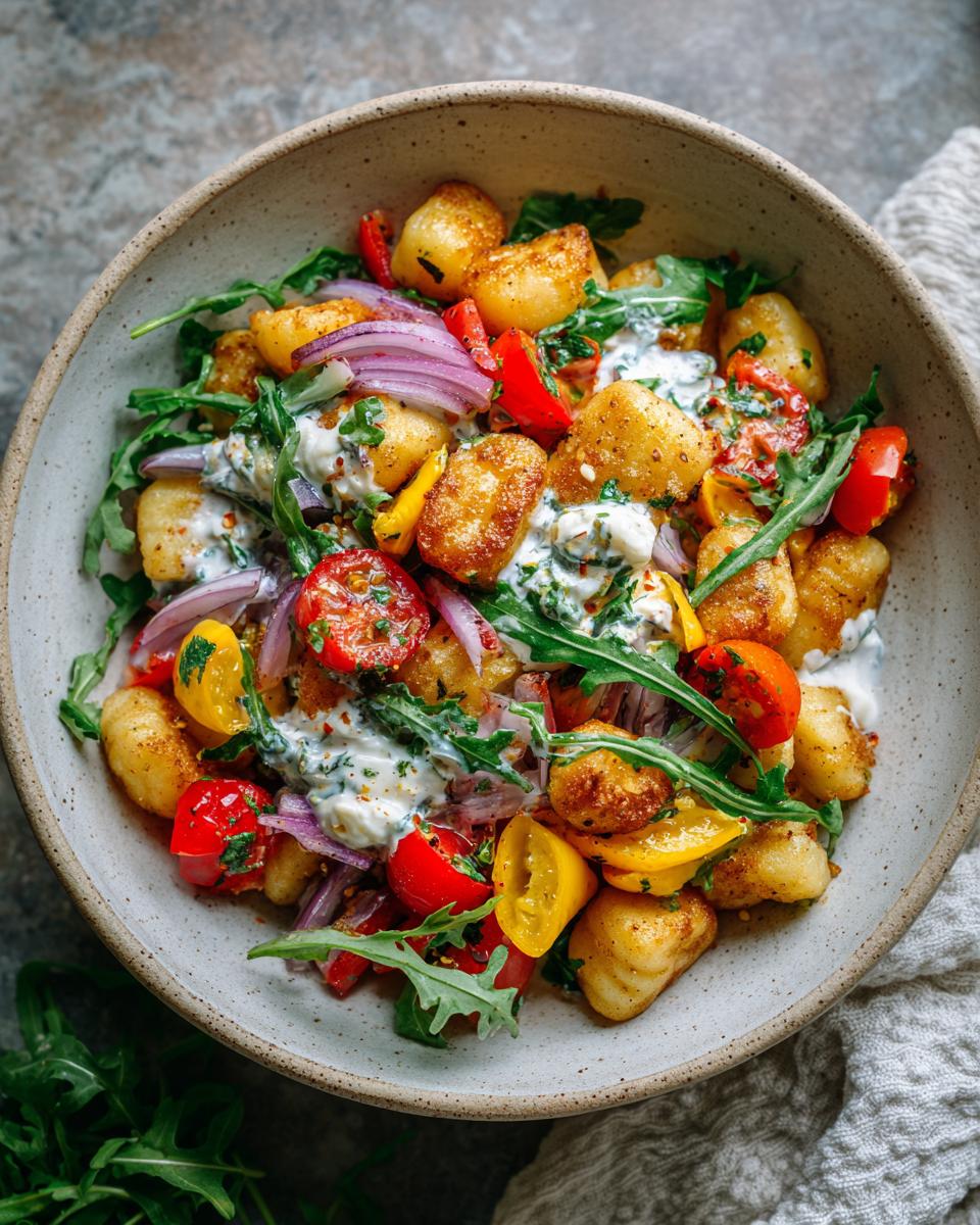 Bowl of Knuspriger Gnocchi-Salat mit Joghurt-Dressing, featuring fried gnocchi, arugula, tomatoes, and red onion.
