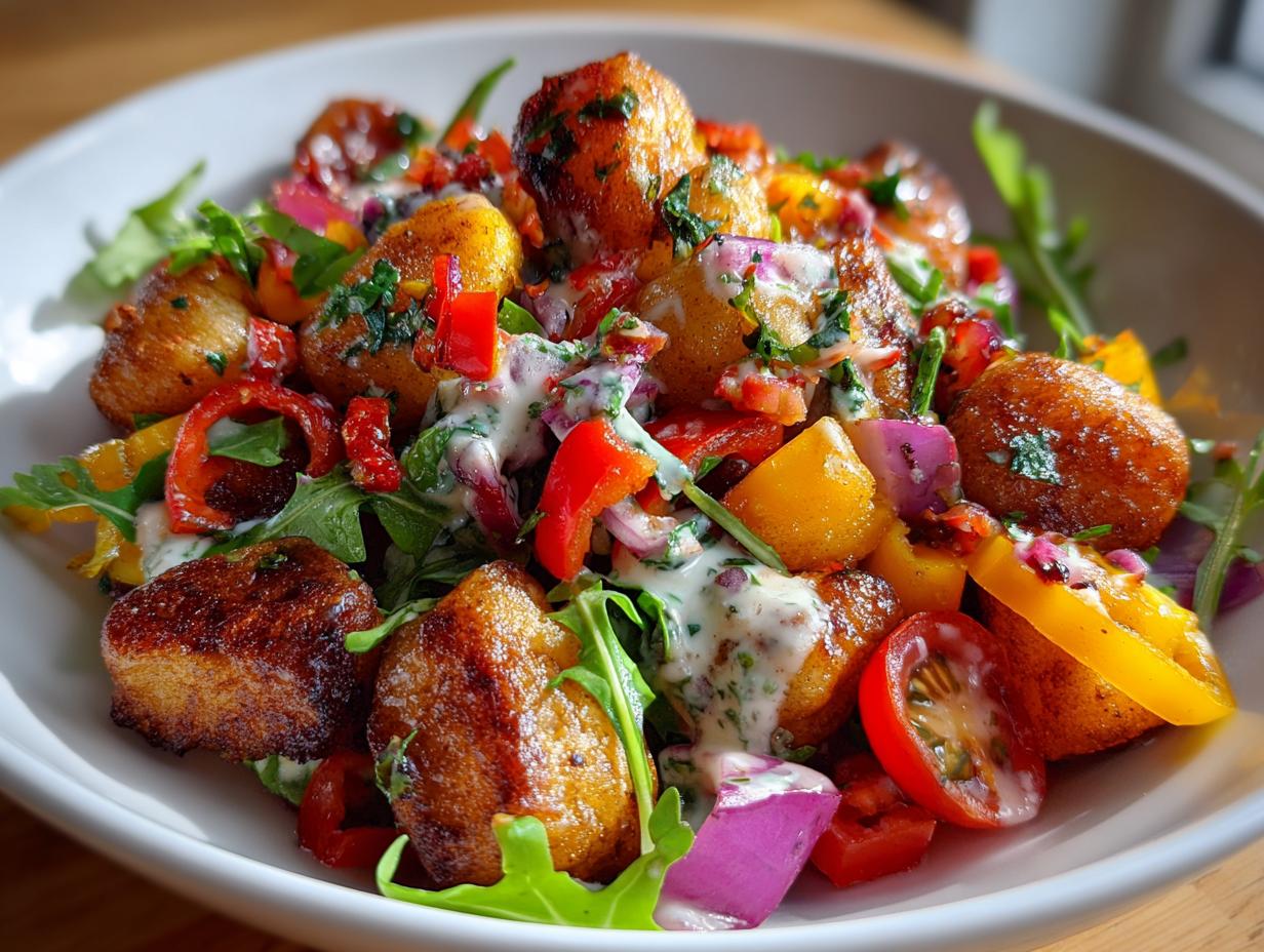 Close-up of Knuspriger Gnocchi-Salat mit Joghurt-Dressing, featuring crispy gnocchi, colorful vegetables, and creamy dressing.