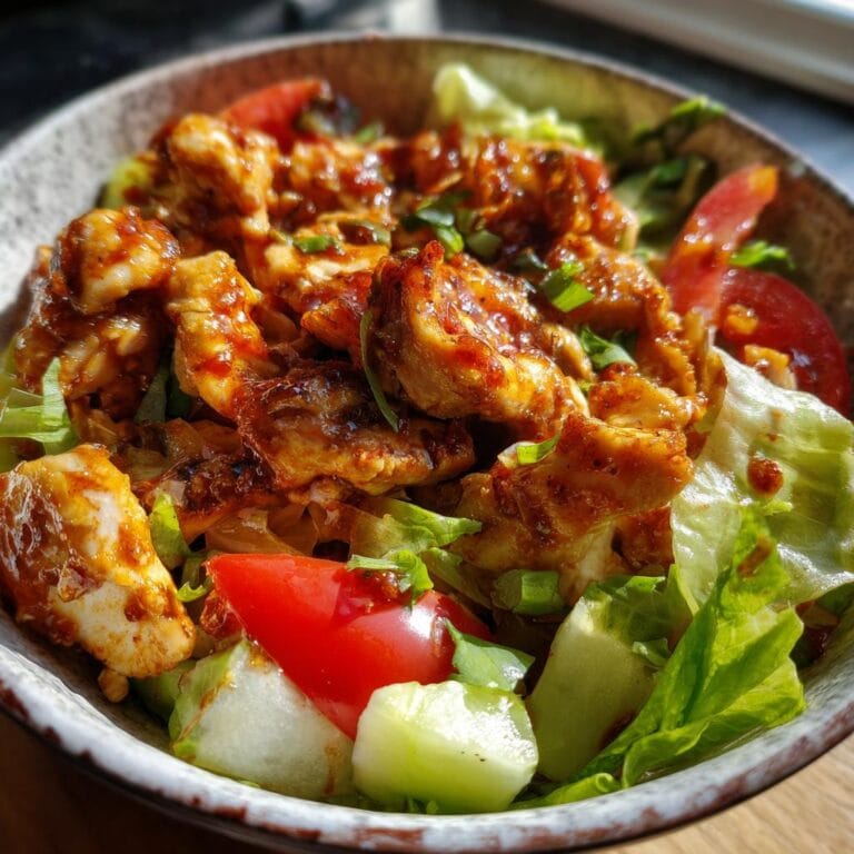 Bowl of Köstlicher BBQ Hähnchen Salat with chicken, lettuce, tomatoes, and cucumbers.