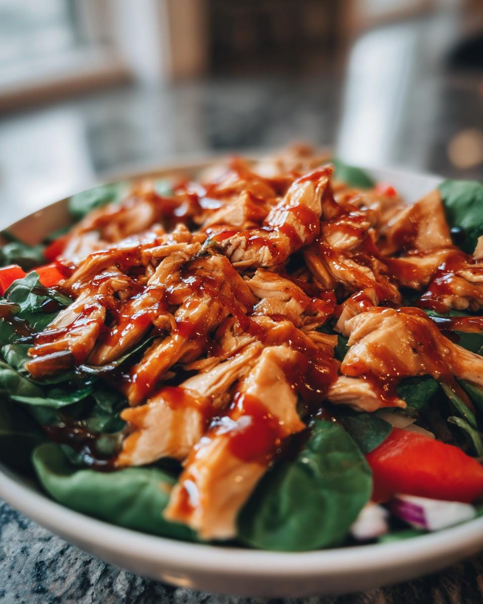 Close-up of Köstlicher BBQ Hähnchen Salat with chicken, spinach, and red peppers.