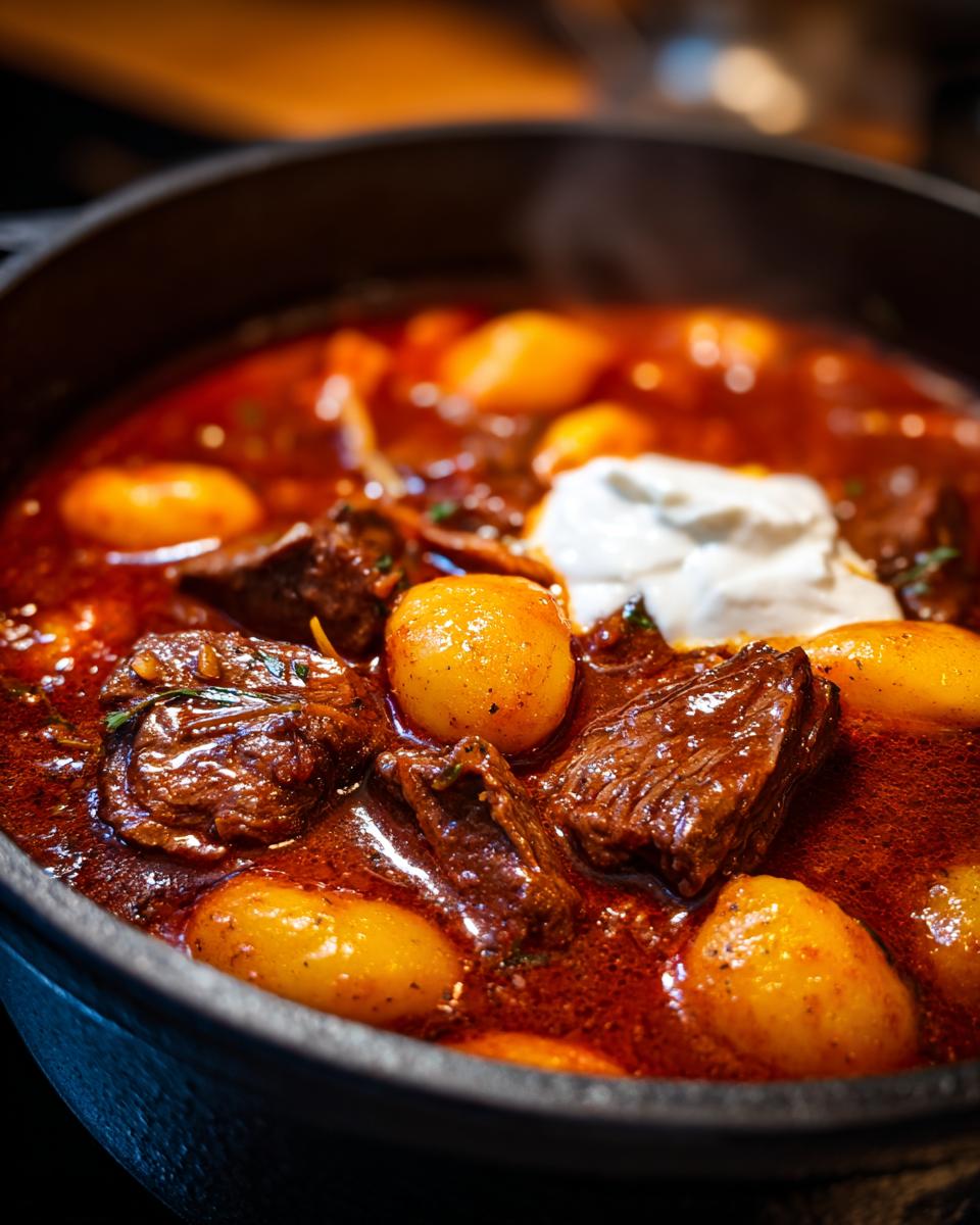 Nahaufnahme von Köstliches Herbstrezept für Gnocchi-Gulasch mit Gnocchi, Fleisch und einem Klecks Creme fraîche.
