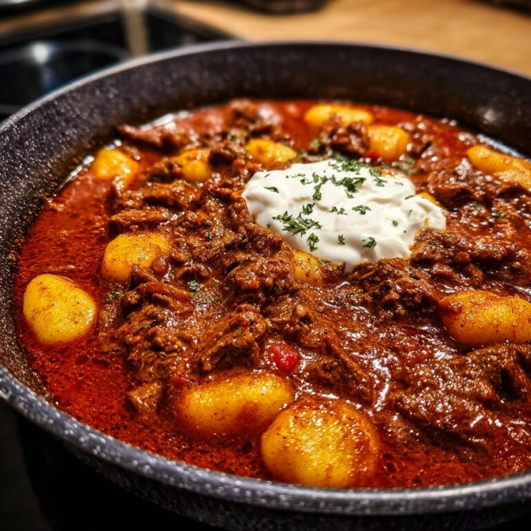 Close-up of Köstliches Herbstrezept für Gnocchi-Gulasch in a pan, topped with cream and herbs.