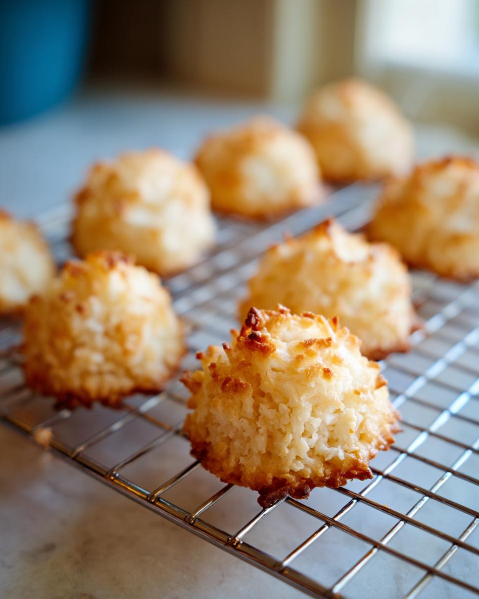 Close-up of golden brown Kokosmakronen cooling on a wire rack. Das Beste Rezept für Kokosmakronen.