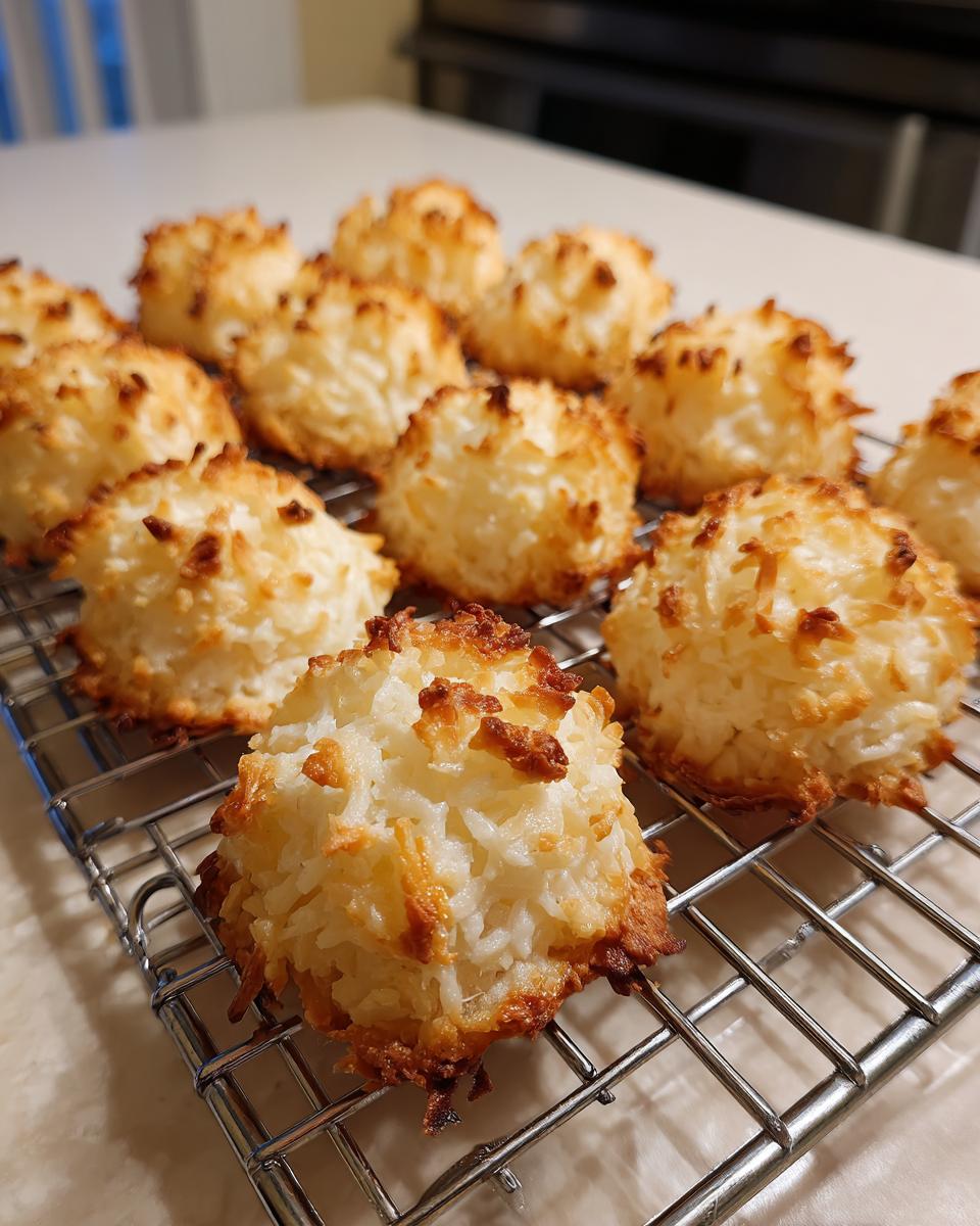 Close-up of freshly baked Kokosmakronen cooling on a wire rack. Golden brown and delicious.