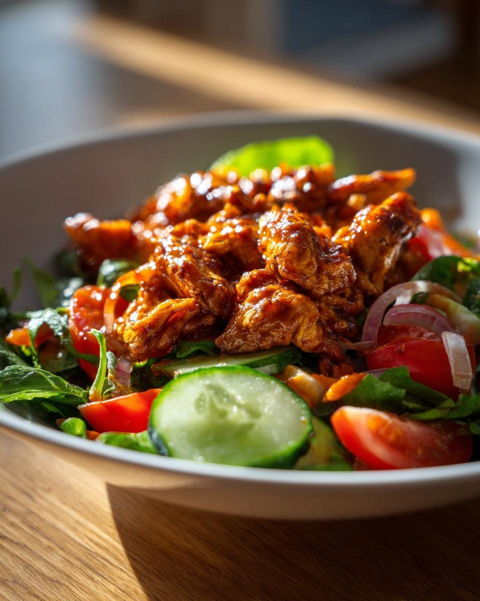 Close-up of Köstlicher BBQ Hähnchen Salat with chicken, tomatoes, cucumber, and red onion in a white bowl.