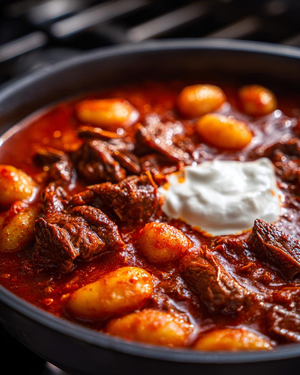 Close-up of Köstliches Herbstrezept für Gnocchi-Gulasch with beef, gnocchi, and a dollop of cream.