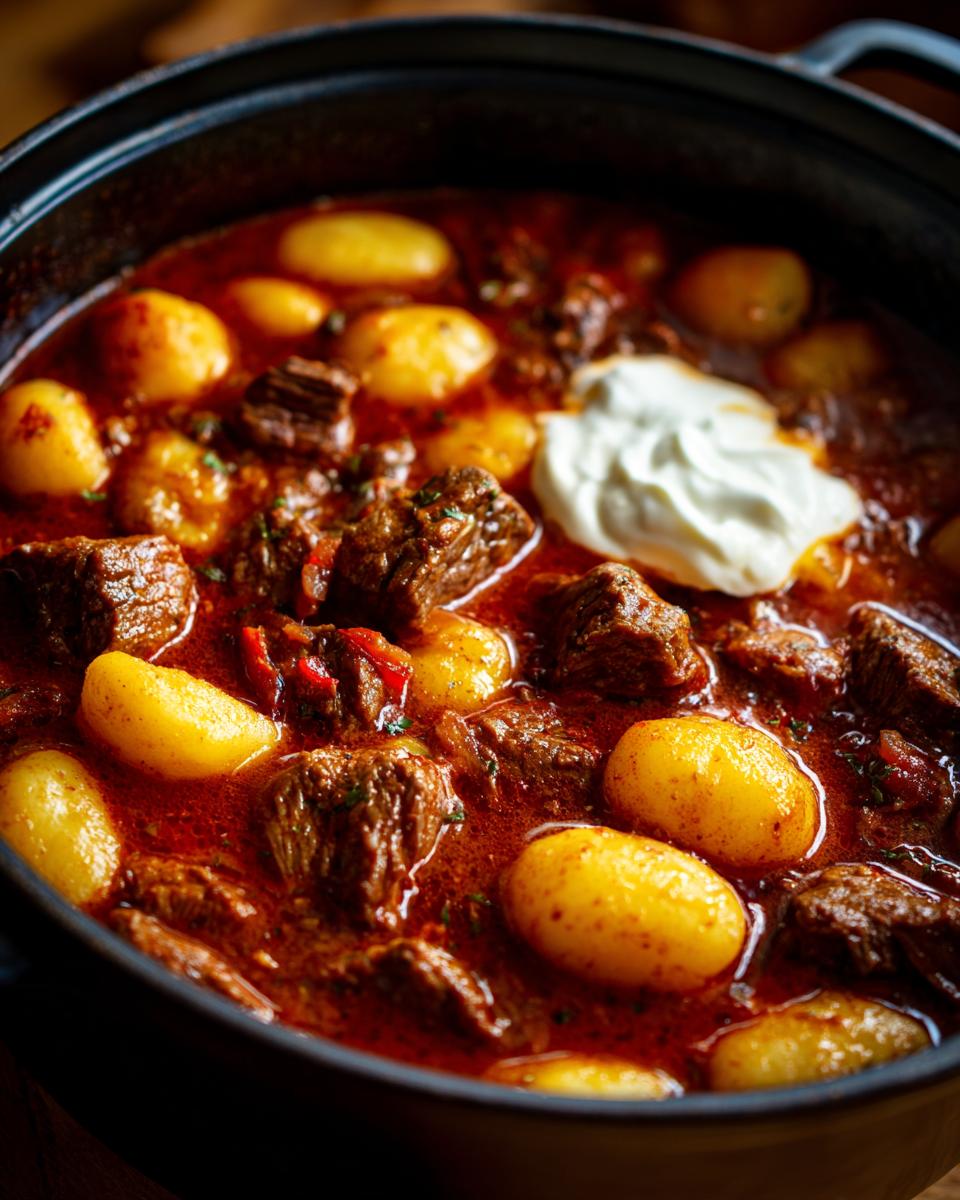 Close-up of Köstliches Herbstrezept für Gnocchi-Gulasch in a pot, topped with a dollop of cream.