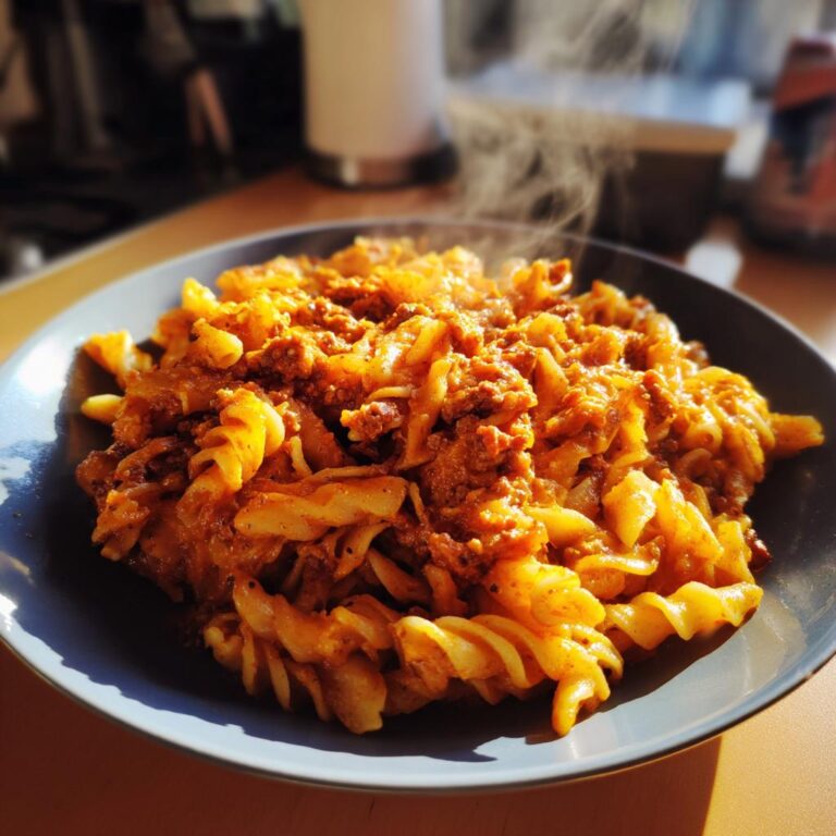 A steaming plate of Kürbis Bolognese with spiral pasta, ready to eat.