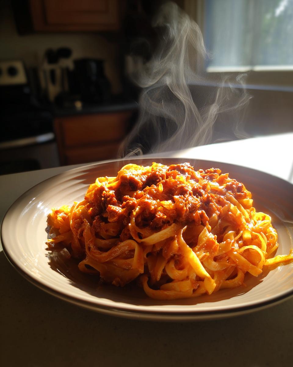 A plate of steaming Kürbis Bolognese served over pasta, with a bright kitchen background.