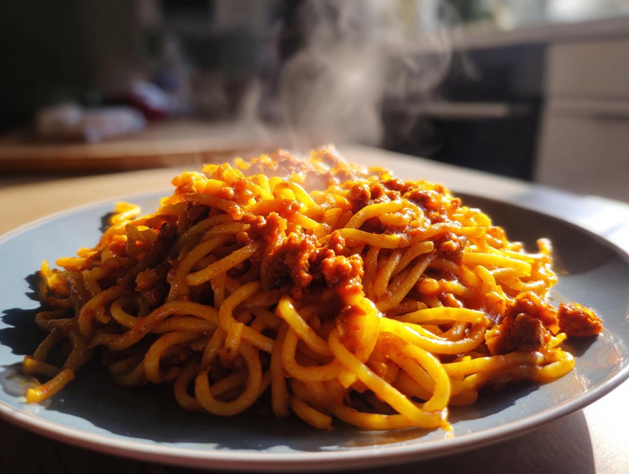 A plate of steaming Kürbis Bolognese, featuring spaghetti coated in a rich, pumpkin-based sauce.