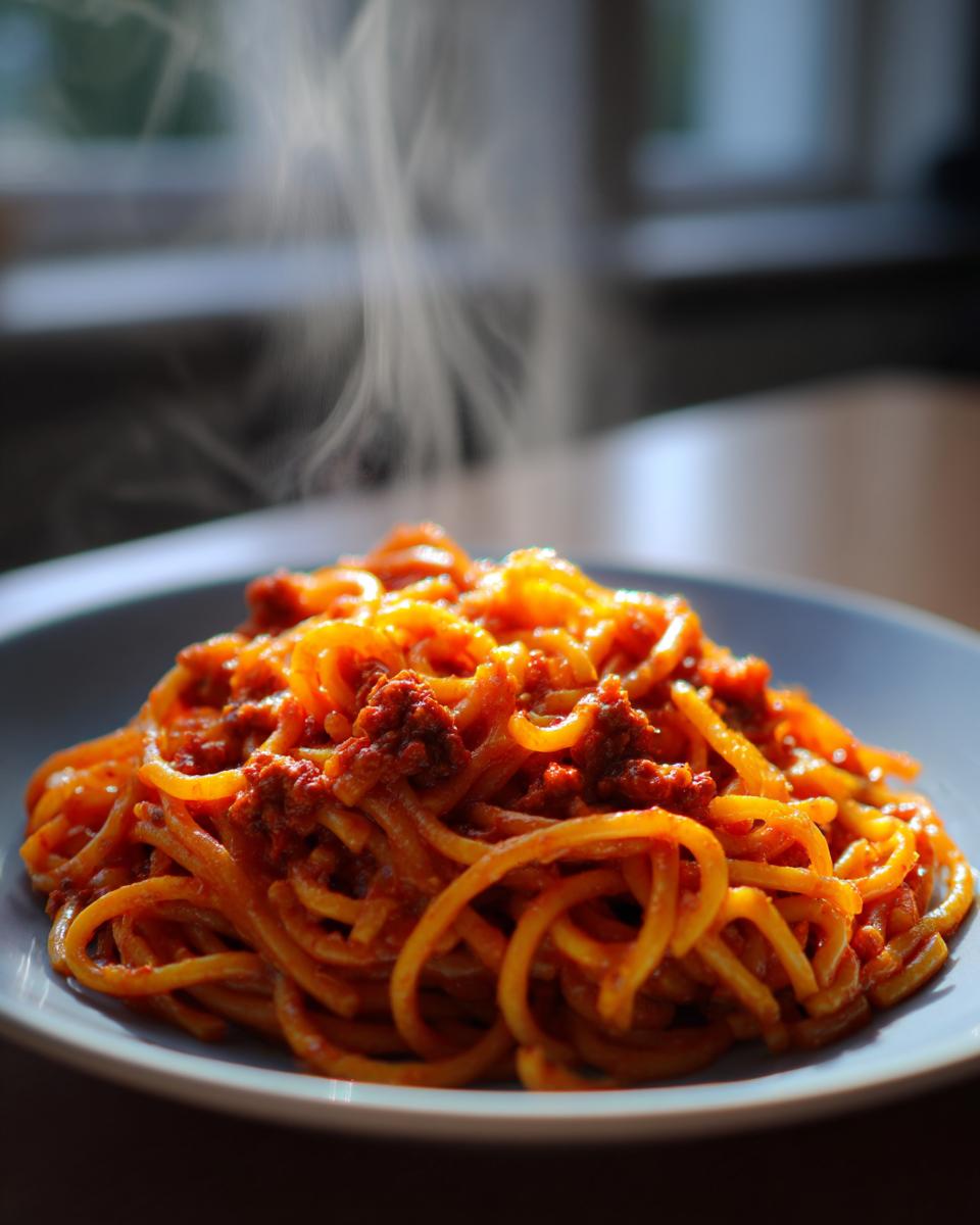 A plate of steaming Kürbis Bolognese, featuring spaghetti with a rich, orange-colored sauce.