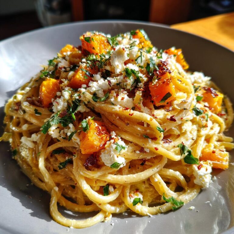 A plate of Kürbis Feta Pasta, featuring spaghetti, pumpkin, feta cheese, and herbs.