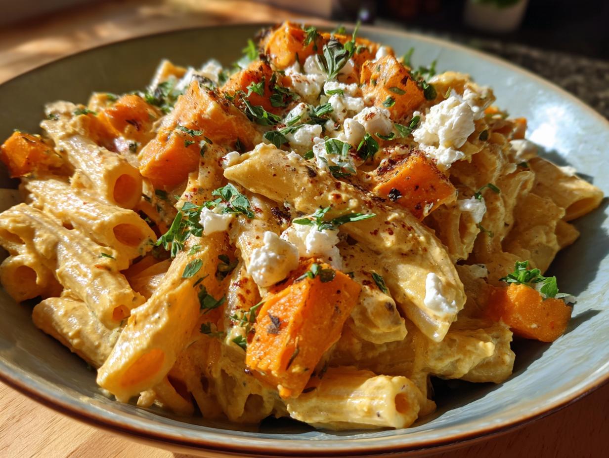 Close-up of creamy Kürbis Feta Pasta in a bowl, garnished with fresh herbs and feta cheese.
