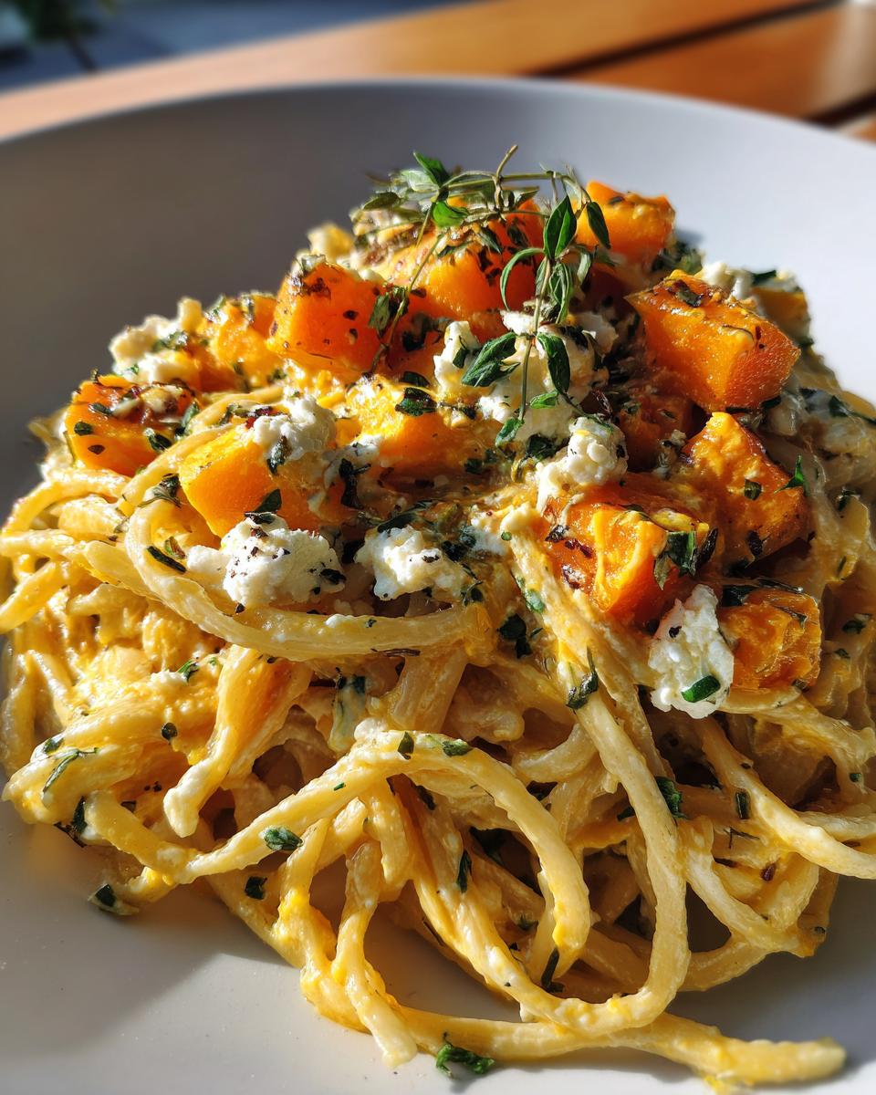 Close-up of Kürbis Feta Pasta, featuring spaghetti, roasted pumpkin, feta cheese, and fresh thyme.