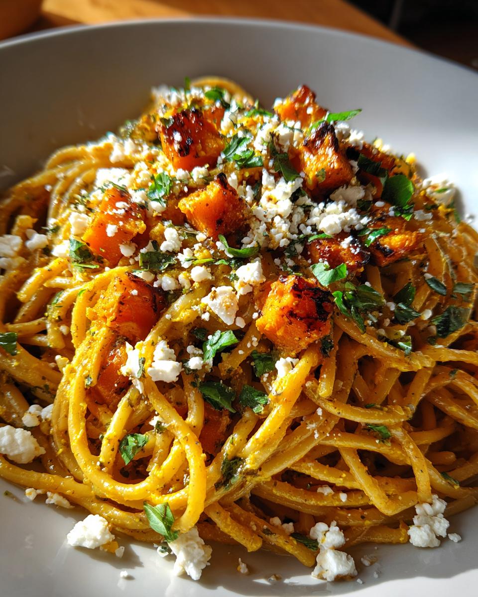 Close-up of Kürbis Feta Pasta, featuring spaghetti, roasted pumpkin, feta cheese, and fresh herbs.