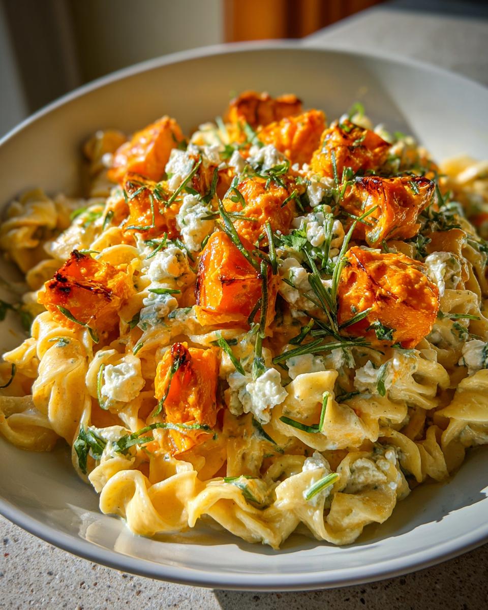 A close-up of Kürbis Feta Pasta, showcasing the creamy sauce, pasta, roasted pumpkin, feta cheese and fresh herbs.