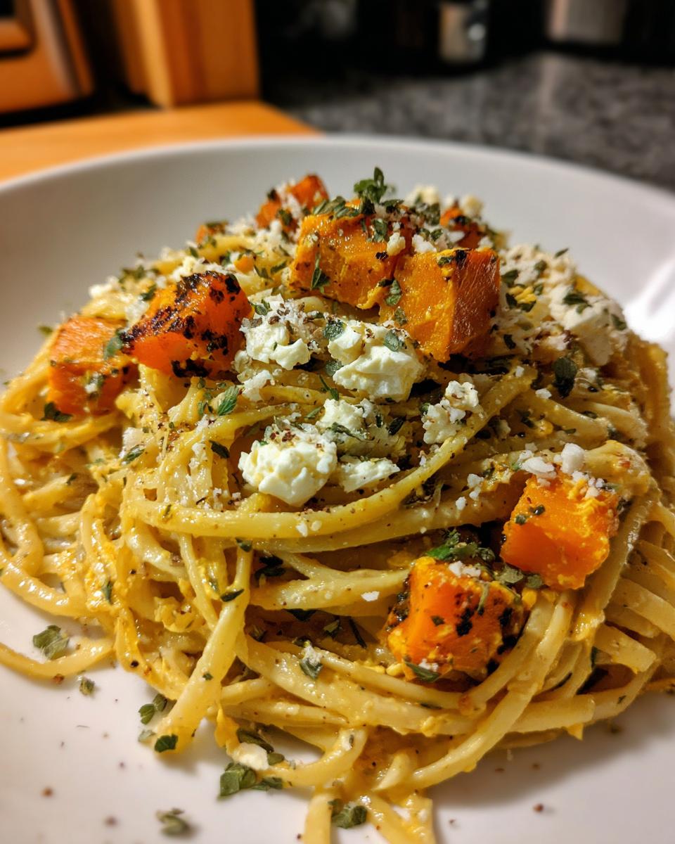 Close-up of Kürbis Feta Pasta, featuring roasted pumpkin, feta cheese, and herbs on spaghetti.