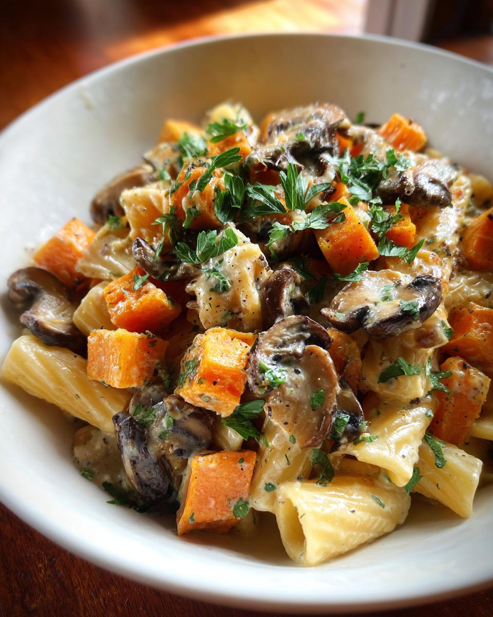 Bowl of creamy Kürbis-Pilz-Pasta with pumpkin, mushrooms, and parsley.