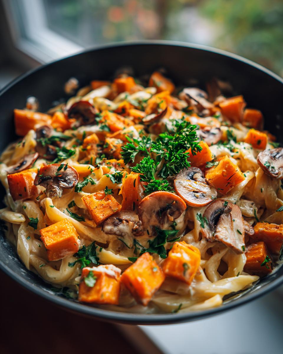 Close-up of Kürbis-Pilz-Pasta featuring pumpkin, mushrooms, and parsley in a creamy sauce, served in a black bowl.