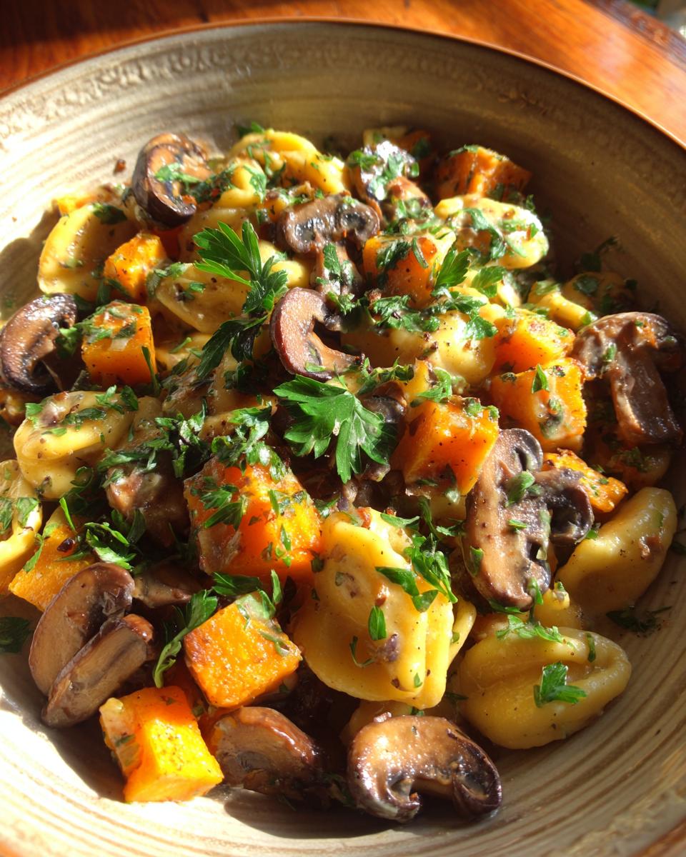 A bowl of Kürbis-Pilz-Pasta featuring pumpkin, mushrooms, and pasta, garnished with fresh parsley.