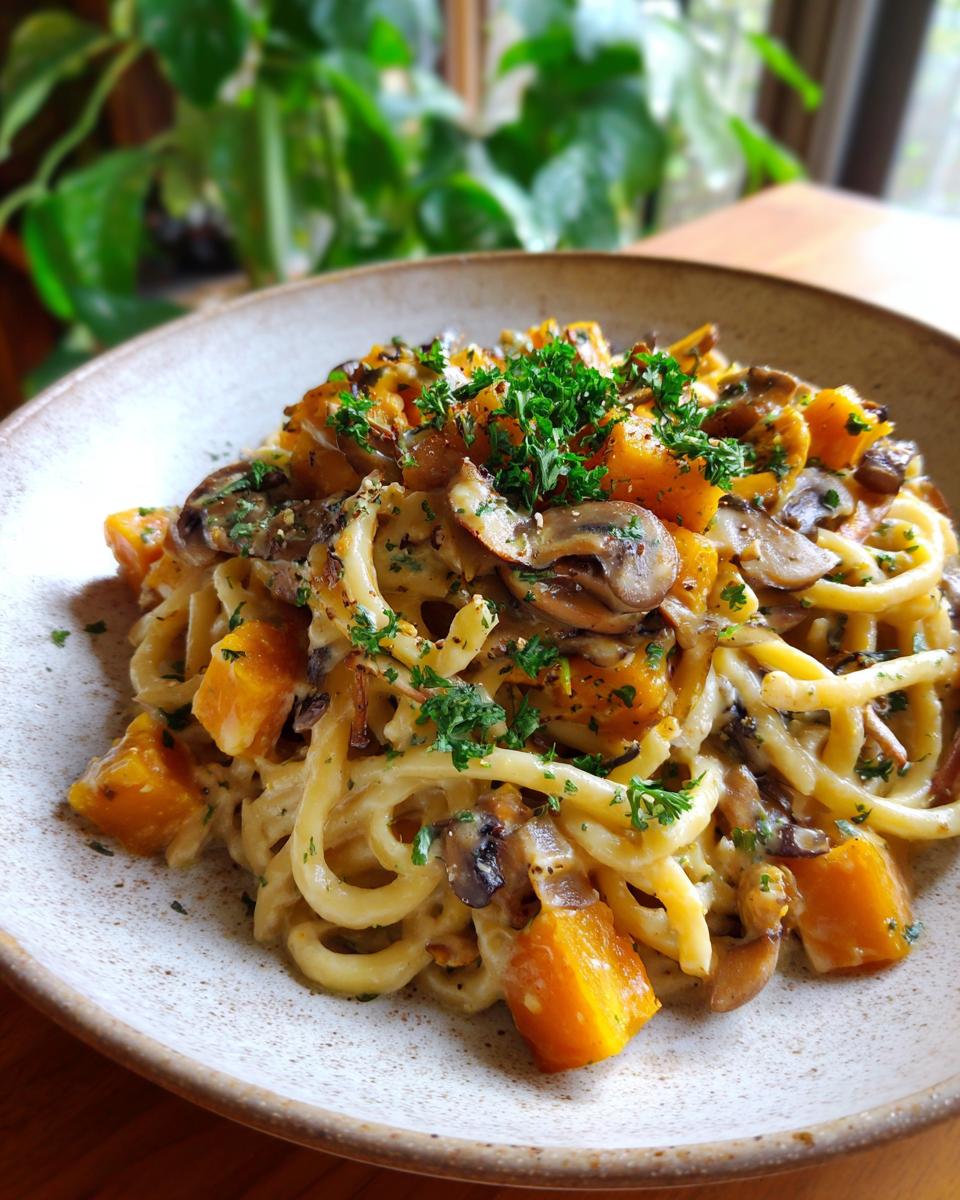 A bowl of creamy Kürbis-Pilz-Pasta with pumpkin, mushrooms, and fresh parsley.