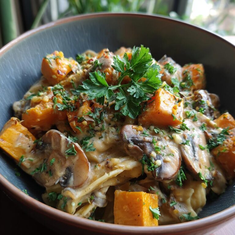 Nahaufnahme von Kürbis-Pilz-Pasta in einer Schüssel, garniert mit Petersilie. Köstliche Kürbis-Pilz-Pasta.
