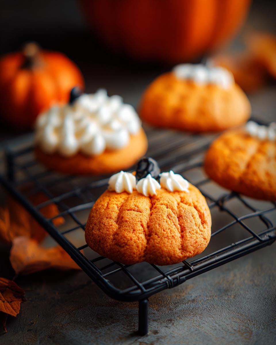 Close-up of Kürbiskekse mit Zuckerguss für Halloween on a cooling rack, with pumpkins in the background.