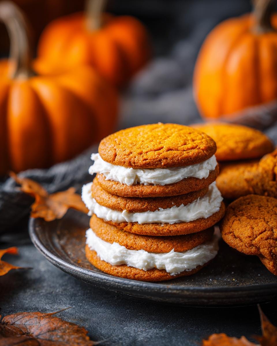 Stacked Kürbiskekse mit Zuckerguss für Halloween. Pumpkin cookies with white frosting on a plate with pumpkins in background.