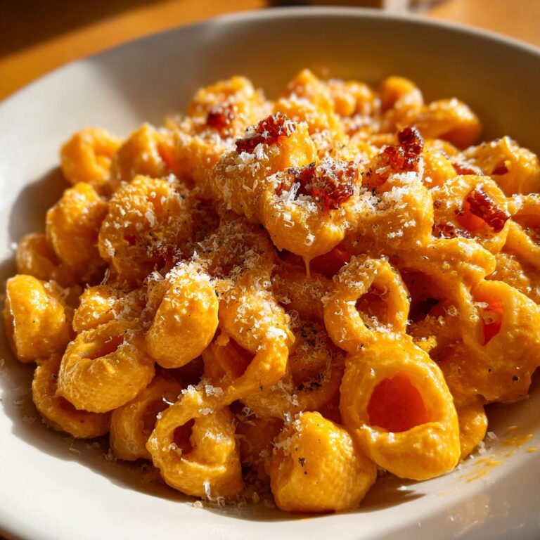 Close-up of Kürbispasta mit Frischkäse, topped with cheese and herbs in a white bowl.