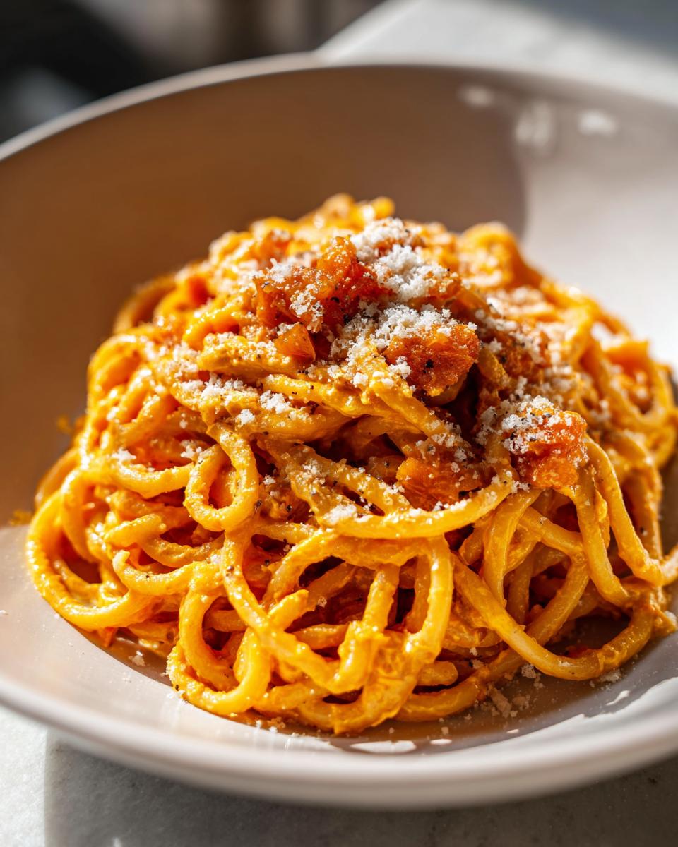 Close-up of Kürbispasta mit Frischkäse, topped with pumpkin and cheese.